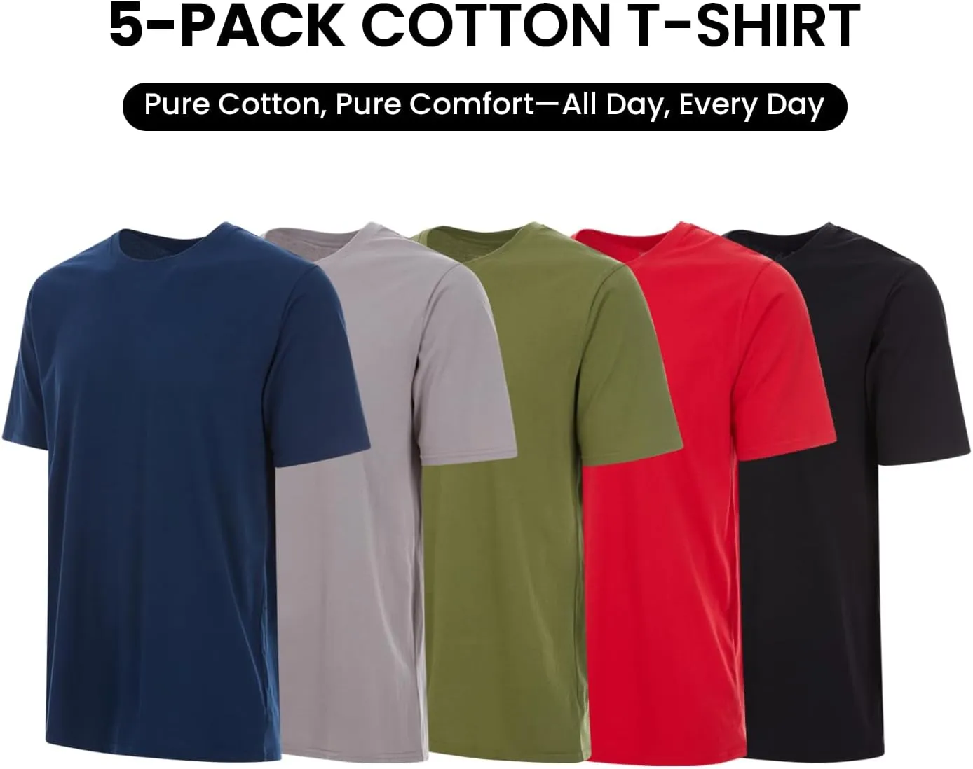 Essential Elements 5 Pack: Men's Crew Neck 100% Pure Cotton Breathable Short Sleeve T-Shirt