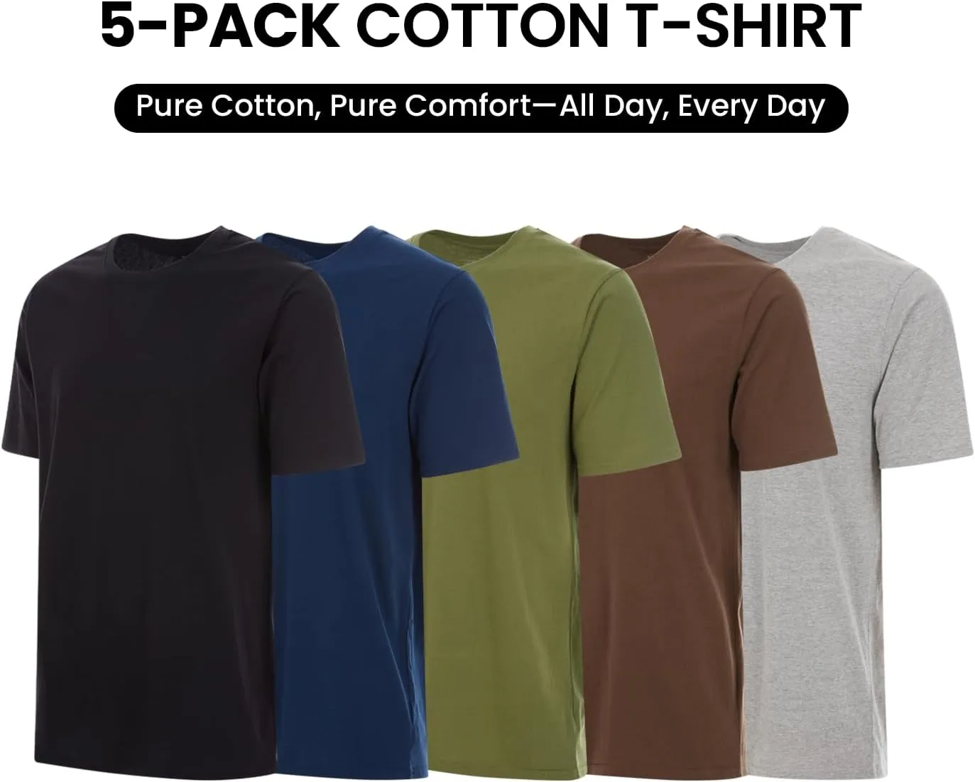 Essential Elements 5 Pack: Men's Crew Neck 100% Pure Cotton Breathable Short Sleeve T-Shirt