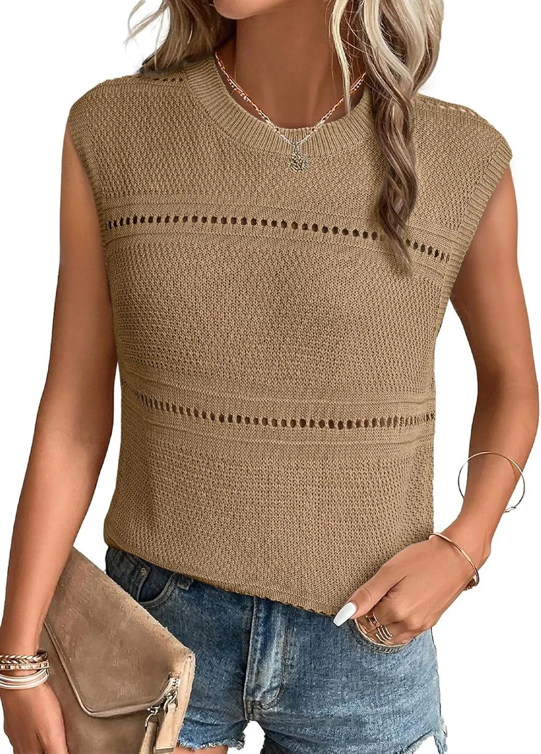 EVALESS Sexy Crochet Tank Top for Women Sweater Tank Tops 2025 Trendy Crewneck Sleeveless Summer Tops Hollow Out Knit Shirts