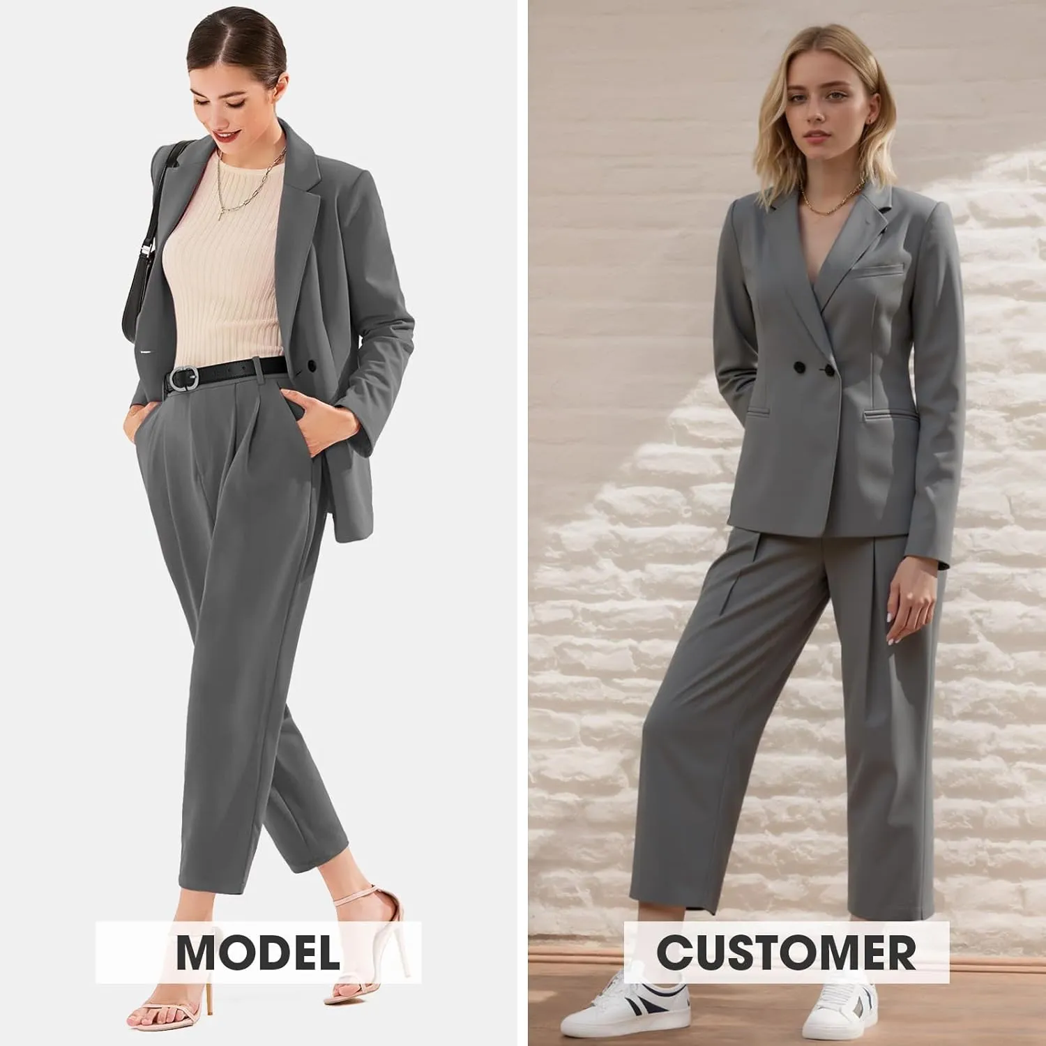 EXLURA Women's Business Blazer and High Elastic Waist Pant Suit Set Loose Fit Casual Fall Winter 2 Piece Suits for Work