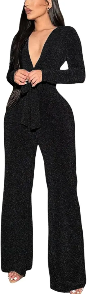 FairBeauty Women's Sexy Sparkly Jumpsuits Clubwear One Piece Deep V Neck Long Sleeve Pants with Belt