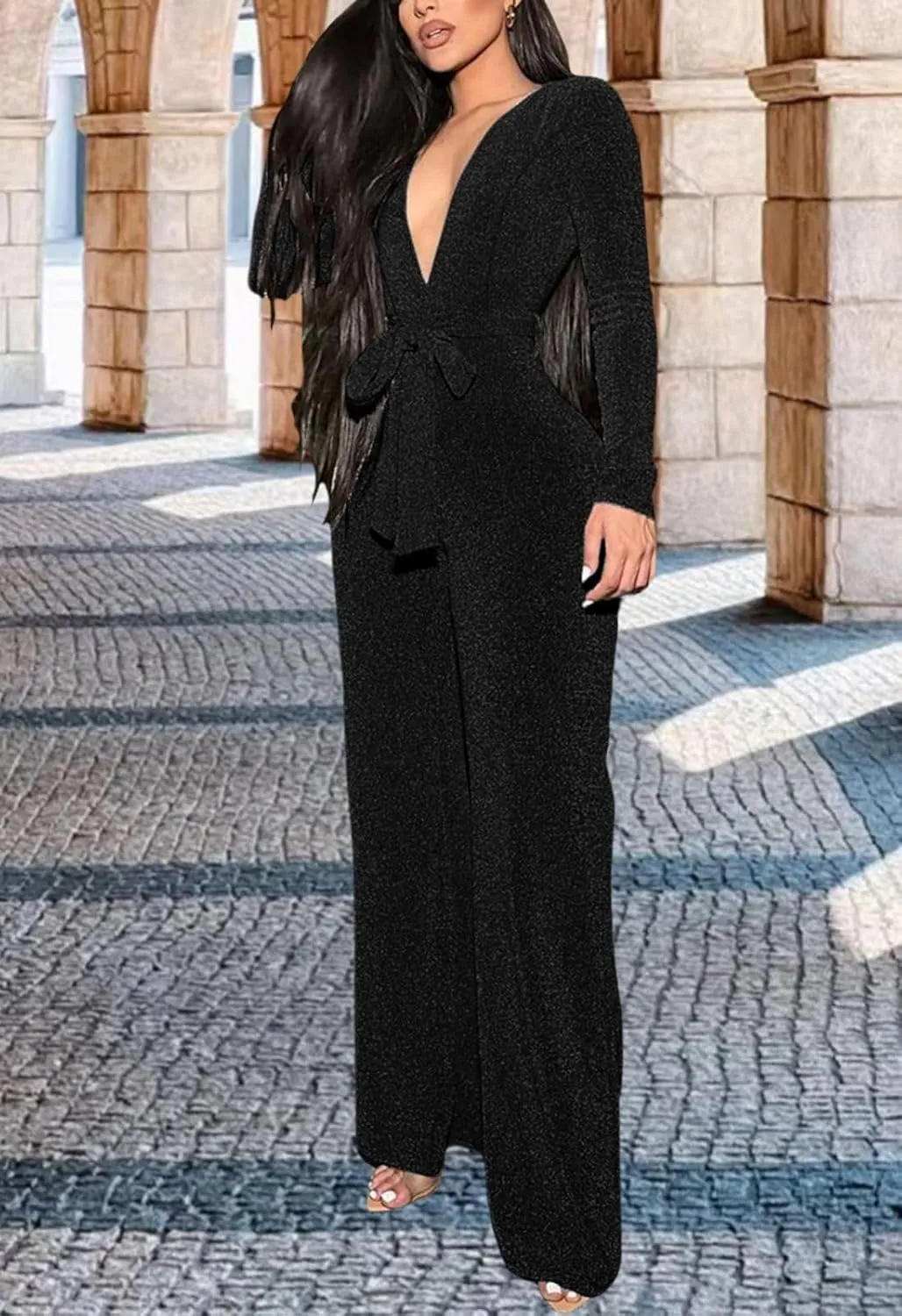 FairBeauty Women's Sexy Sparkly Jumpsuits Clubwear One Piece Deep V Neck Long Sleeve Pants with Belt