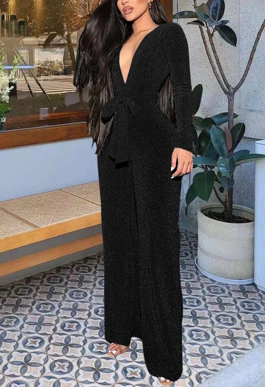 FairBeauty Women's Sexy Sparkly Jumpsuits Clubwear One Piece Deep V Neck Long Sleeve Pants with Belt