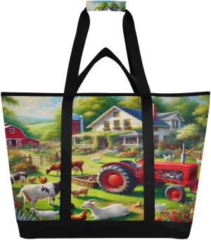 Farm Truck Animal Tote Bag for Women with Zipper Reusable Grocery Bags Foldable Insulated Cooler Bag Handbags Totes Shopping Bags for Groceries Beach Travel Picnic Work