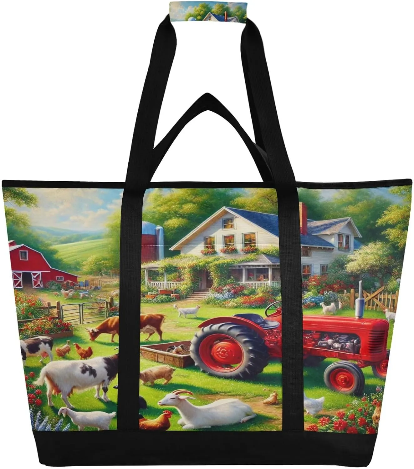 Farm Truck Animal Tote Bag for Women with Zipper Reusable Grocery Bags Foldable Insulated Cooler Bag Handbags Totes Shopping Bags for Groceries Beach Travel Picnic Work
