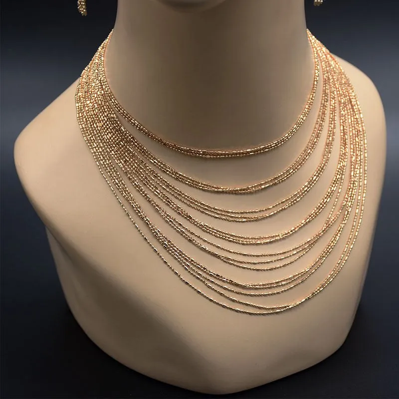 Fashion Women Bohemian Jewelry Sets Multi-Layer Golden Metal Necklaces and Tassles Earrings Ladies Gifts