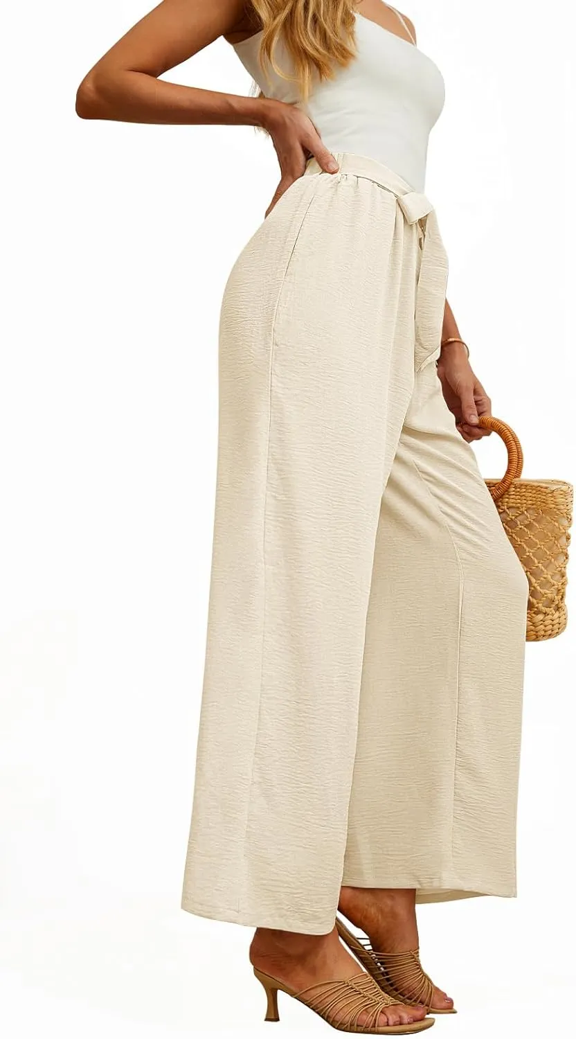 Feiersi Women's Wide Leg Lounge Pants High Waist Button Palazzo Pants Lightweight Tie Knot Loose Trousers
