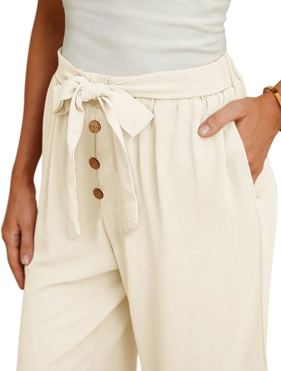Feiersi Women's Wide Leg Lounge Pants High Waist Button Palazzo Pants Lightweight Tie Knot Loose Trousers