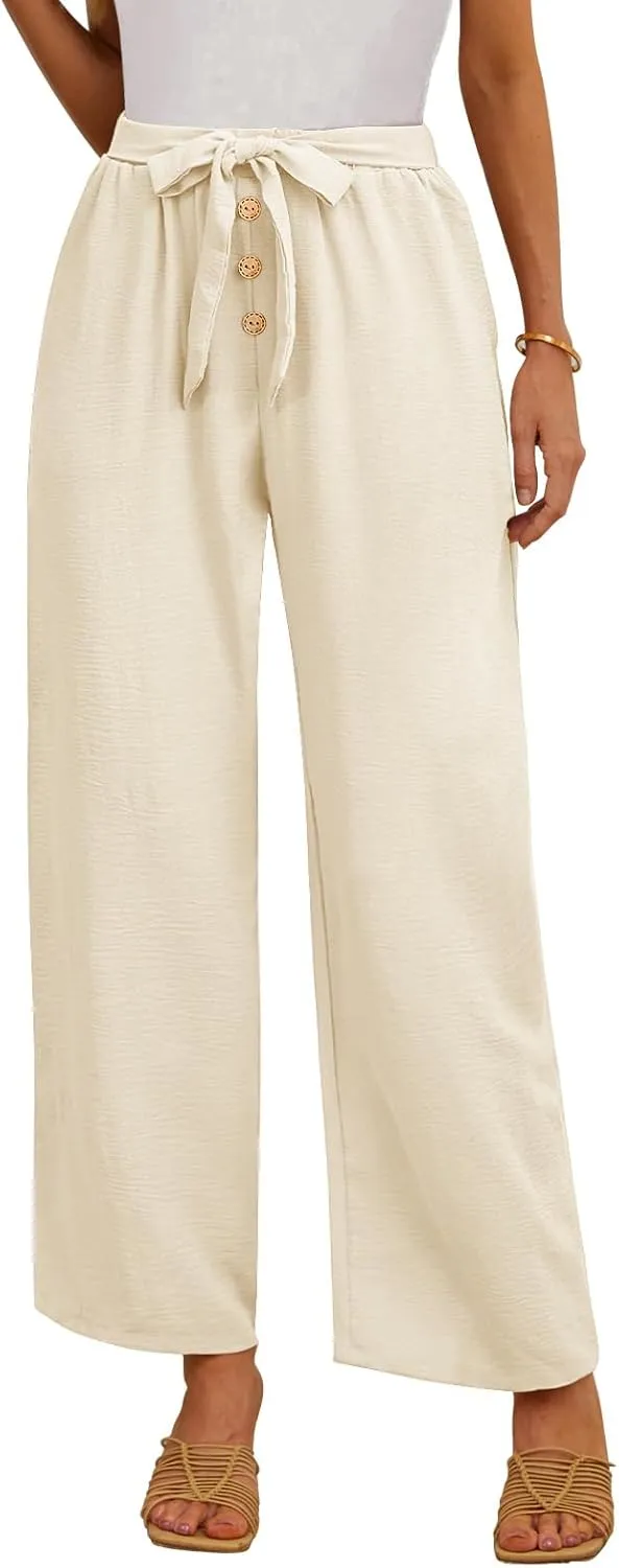 Feiersi Women's Wide Leg Lounge Pants High Waist Button Palazzo Pants Lightweight Tie Knot Loose Trousers