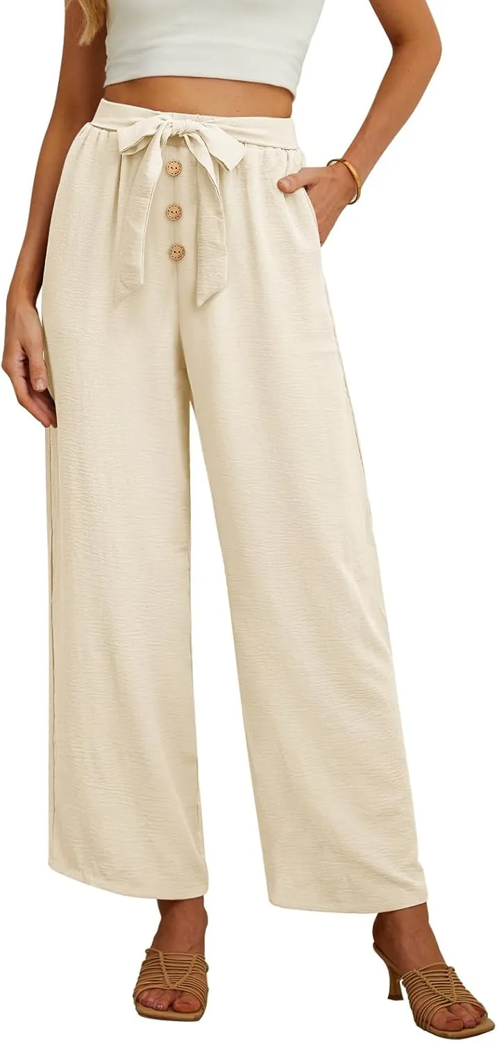 Feiersi Women's Wide Leg Lounge Pants High Waist Button Palazzo Pants Lightweight Tie Knot Loose Trousers