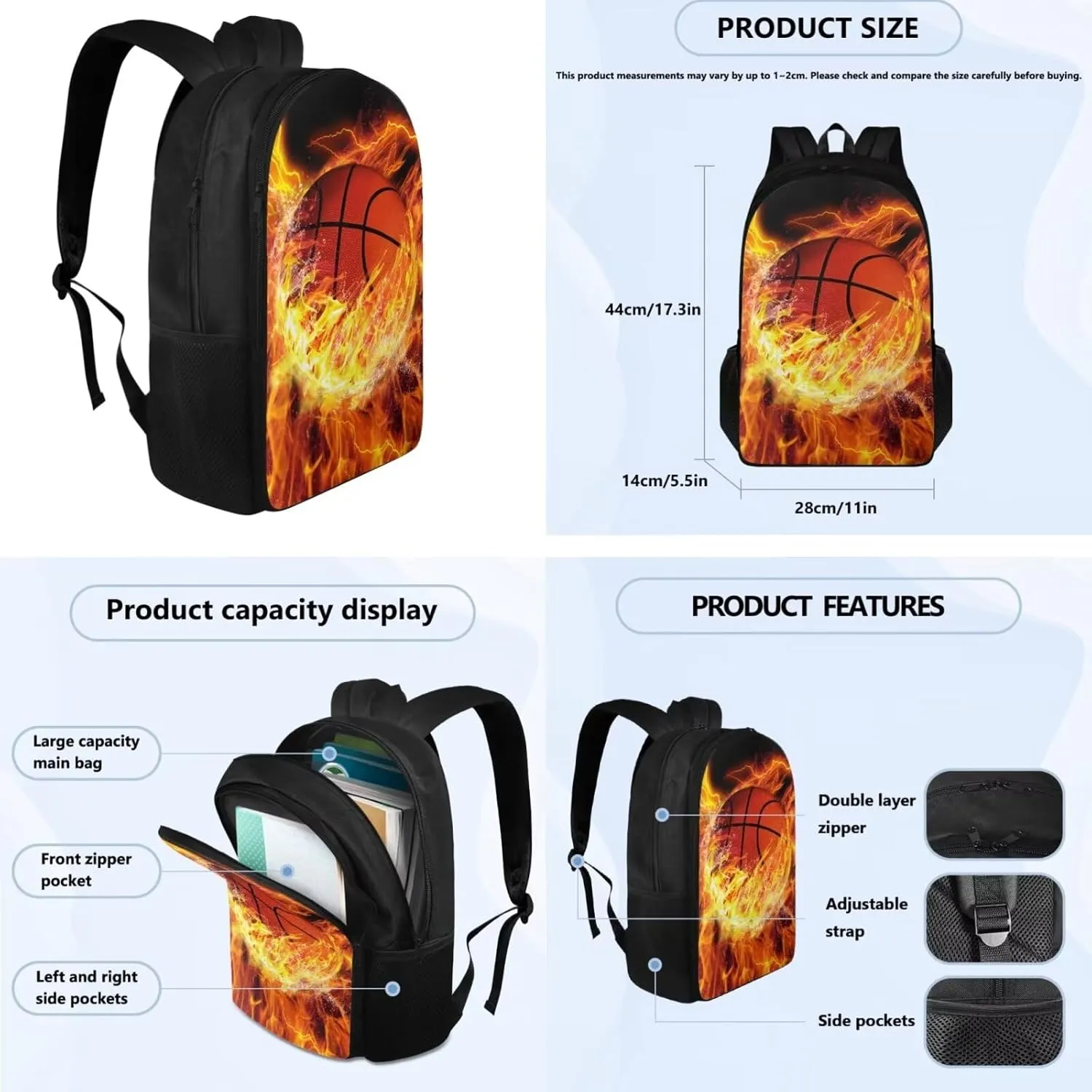 Fire Basketball Backpack for Teen Boys Back to School Shoulder Bookbags 17 Inch Bookbag, Insulated Thermal Lunch Bag,Water Bottle,Cooler Water Bottle Sleeve, 4pcs/set