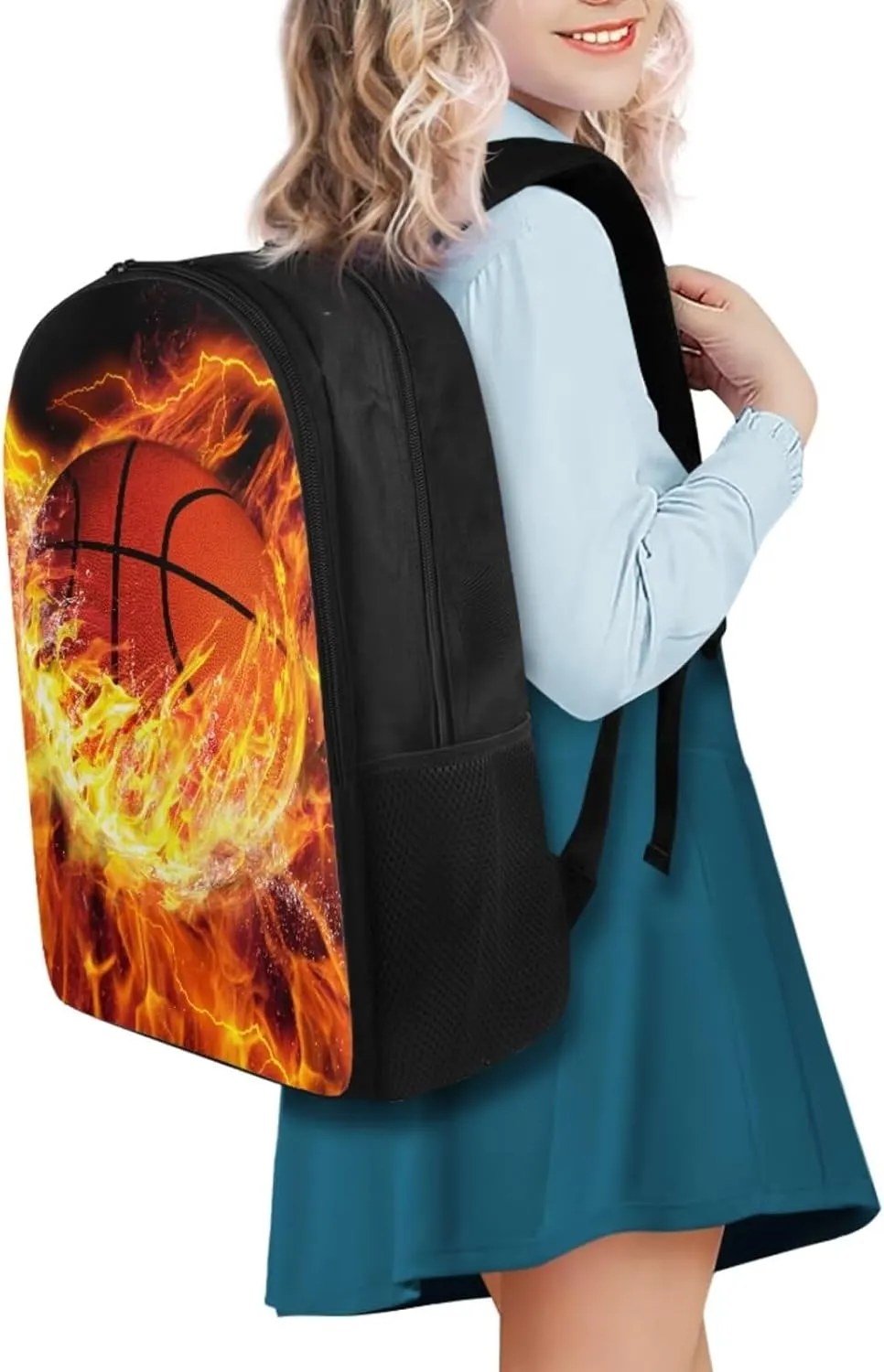 Fire Basketball Backpack for Teen Boys Back to School Shoulder Bookbags 17 Inch Bookbag, Insulated Thermal Lunch Bag,Water Bottle,Cooler Water Bottle Sleeve, 4pcs/set