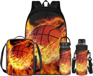Fire Basketball Backpack for Teen Boys Back to School Shoulder Bookbags 17 Inch Bookbag, Insulated Thermal Lunch Bag,Water Bottle,Cooler Water Bottle Sleeve, 4pcs/set