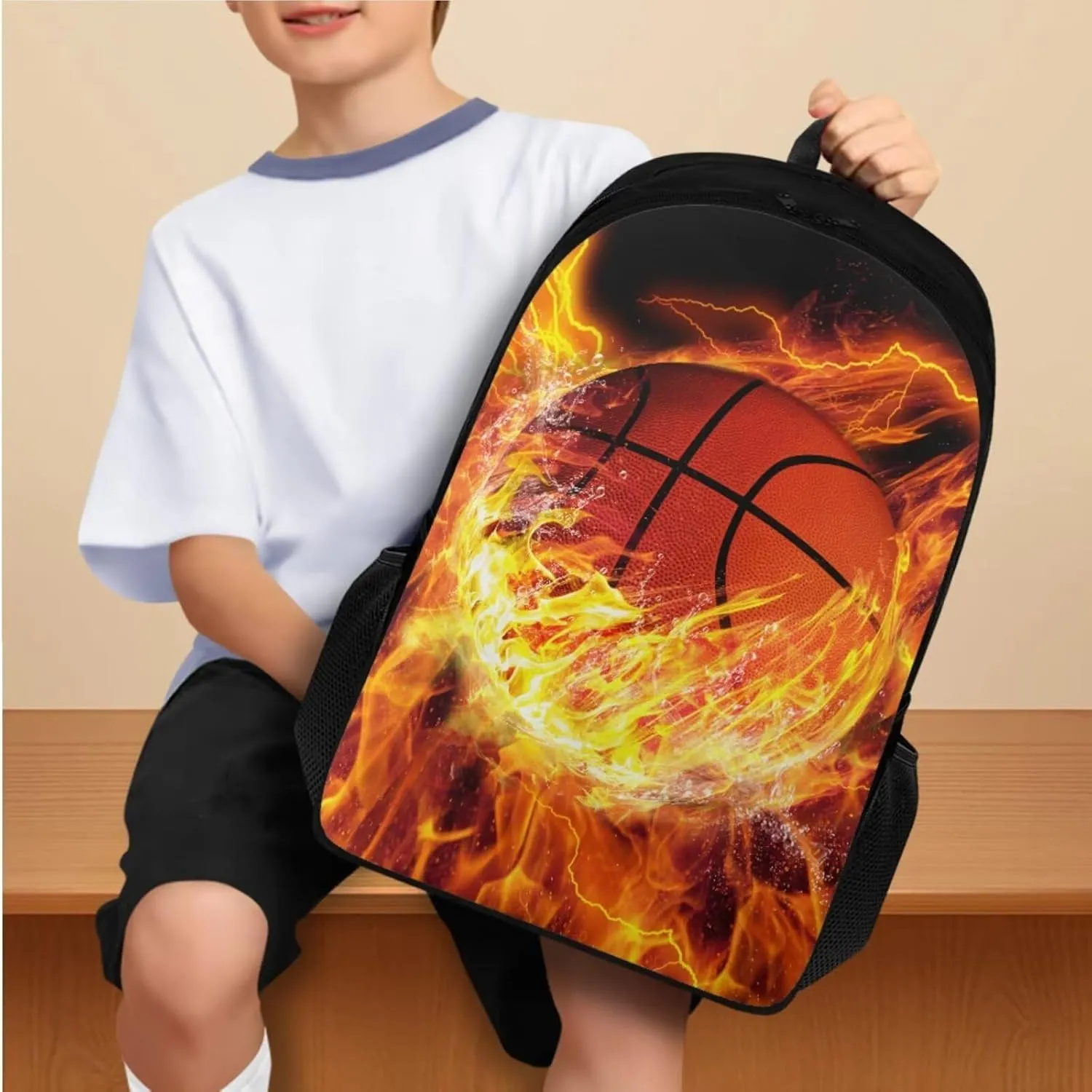 Fire Basketball Backpack for Teen Boys Back to School Shoulder Bookbags 17 Inch Bookbag, Insulated Thermal Lunch Bag,Water Bottle,Cooler Water Bottle Sleeve, 4pcs/set