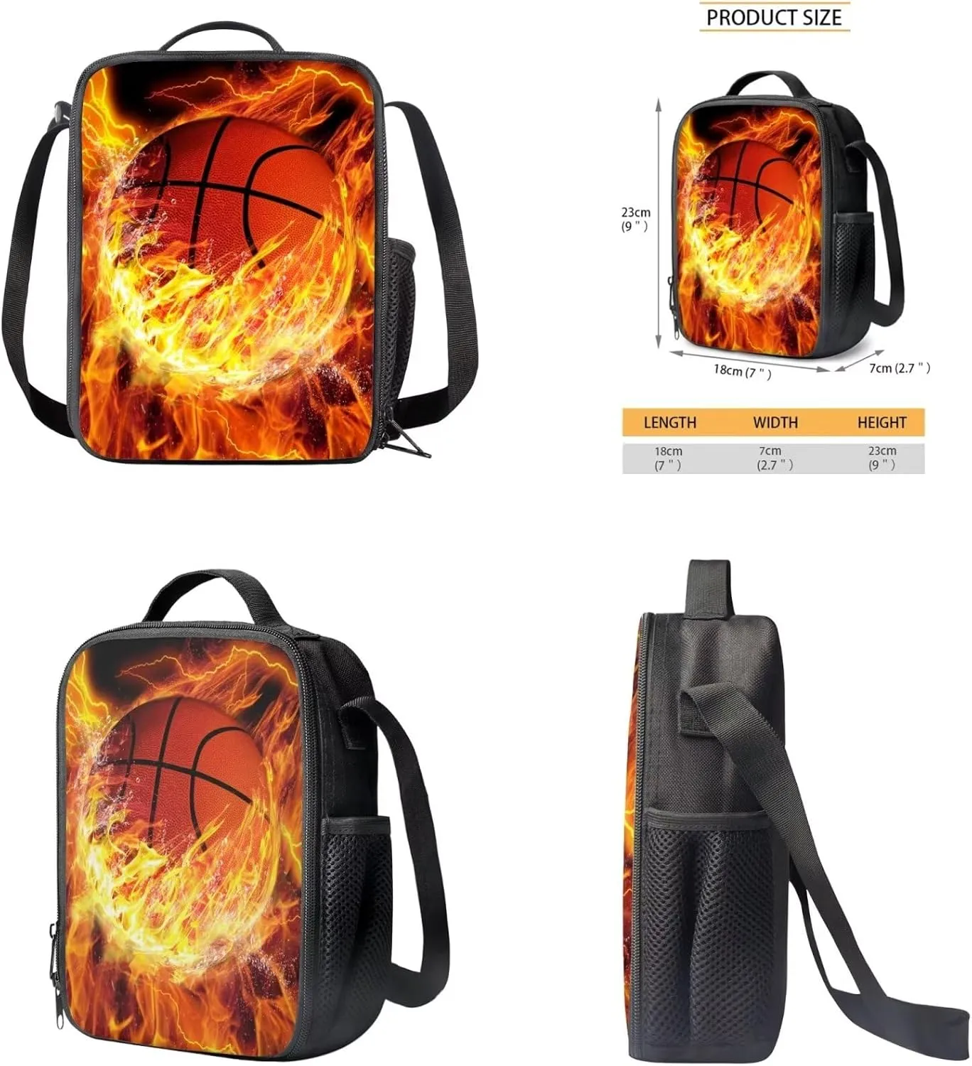 Fire Basketball Backpack for Teen Boys Back to School Shoulder Bookbags 17 Inch Bookbag, Insulated Thermal Lunch Bag,Water Bottle,Cooler Water Bottle Sleeve, 4pcs/set