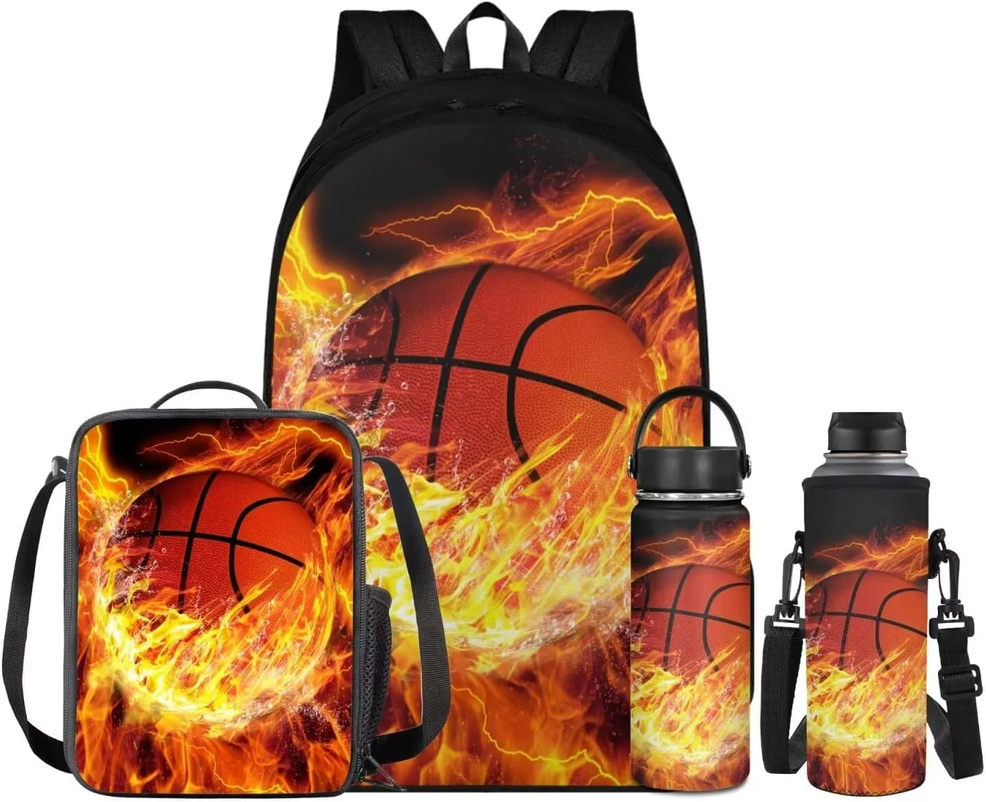 Fire Basketball Backpack for Teen Boys Back to School Shoulder Bookbags 17 Inch Bookbag, Insulated Thermal Lunch Bag,Water Bottle,Cooler Water Bottle Sleeve, 4pcs/set