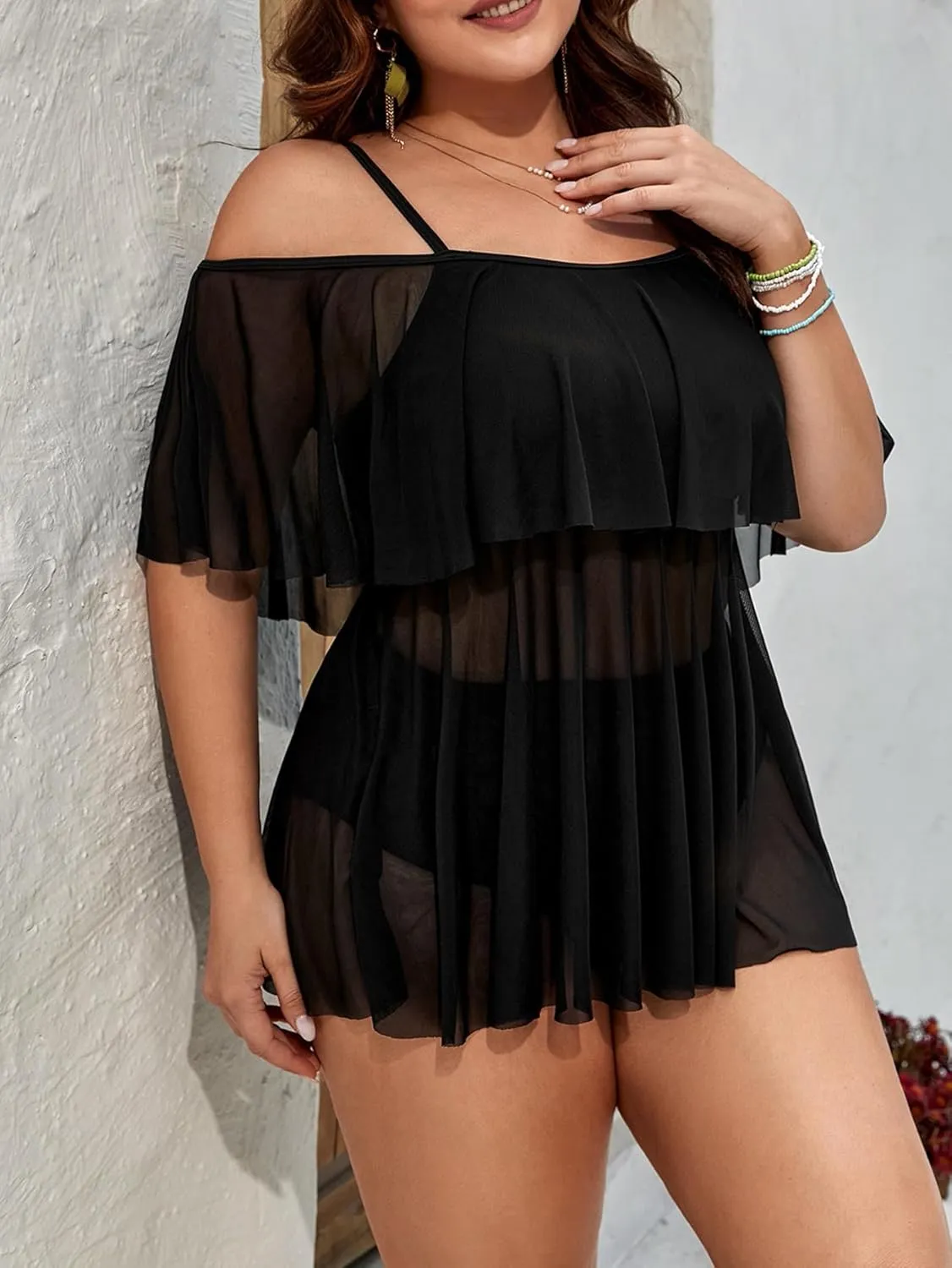 Floerns Women's Plus Size 2 Piece Cold Shoulder Layered Top High Waist Bottoms Tankini Swimsuit