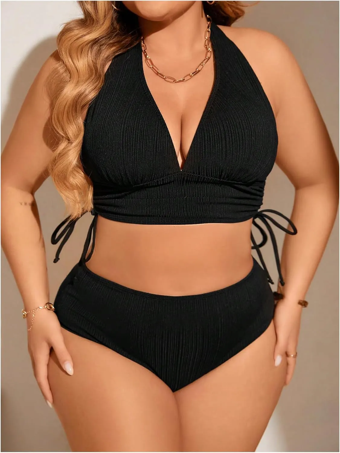 Floerns Women's Plus Size Halter Bikini Drawstring Side High Waist 2 Piece Swimsuits