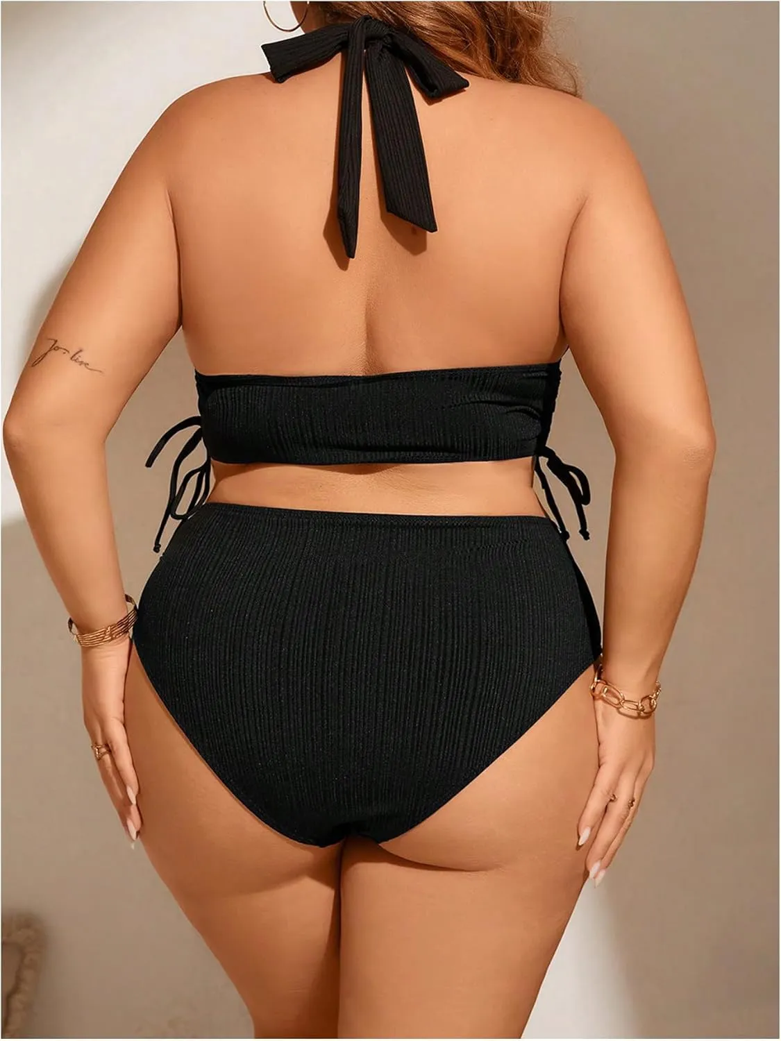 Floerns Women's Plus Size Halter Bikini Drawstring Side High Waist 2 Piece Swimsuits