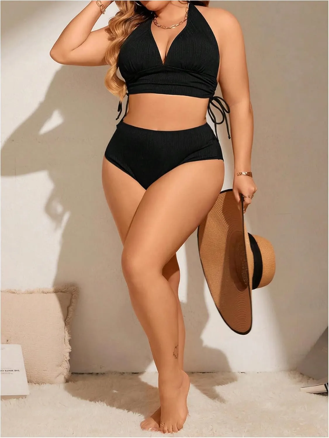 Floerns Women's Plus Size Halter Bikini Drawstring Side High Waist 2 Piece Swimsuits