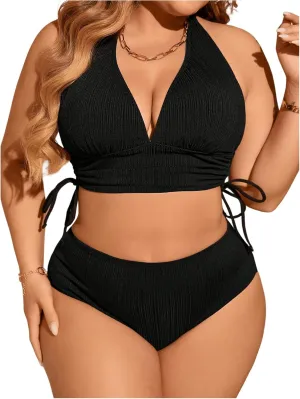 Floerns Women's Plus Size Halter Bikini Drawstring Side High Waist 2 Piece Swimsuits