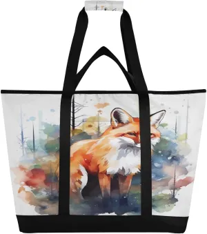 Fox Watercolor Tote Bag for Women with Zipper Reusable Grocery Bags Foldable Insulated Cooler Bag Shopping Bags Totes Handbags for Groceries Picnic Travel Beach Work