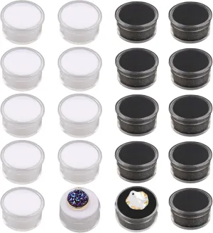 Framendino, 20 Pack Mini Round Stone Jewelry Box Diamond Gemstone Display Case with Lids Sponge Black White