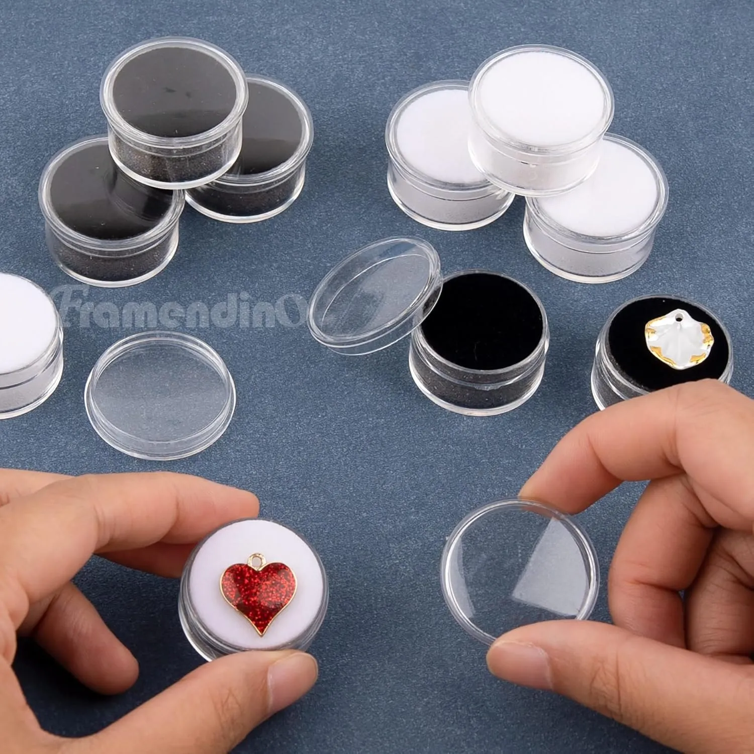 Framendino, 20 Pack Mini Round Stone Jewelry Box Diamond Gemstone Display Case with Lids Sponge Black White