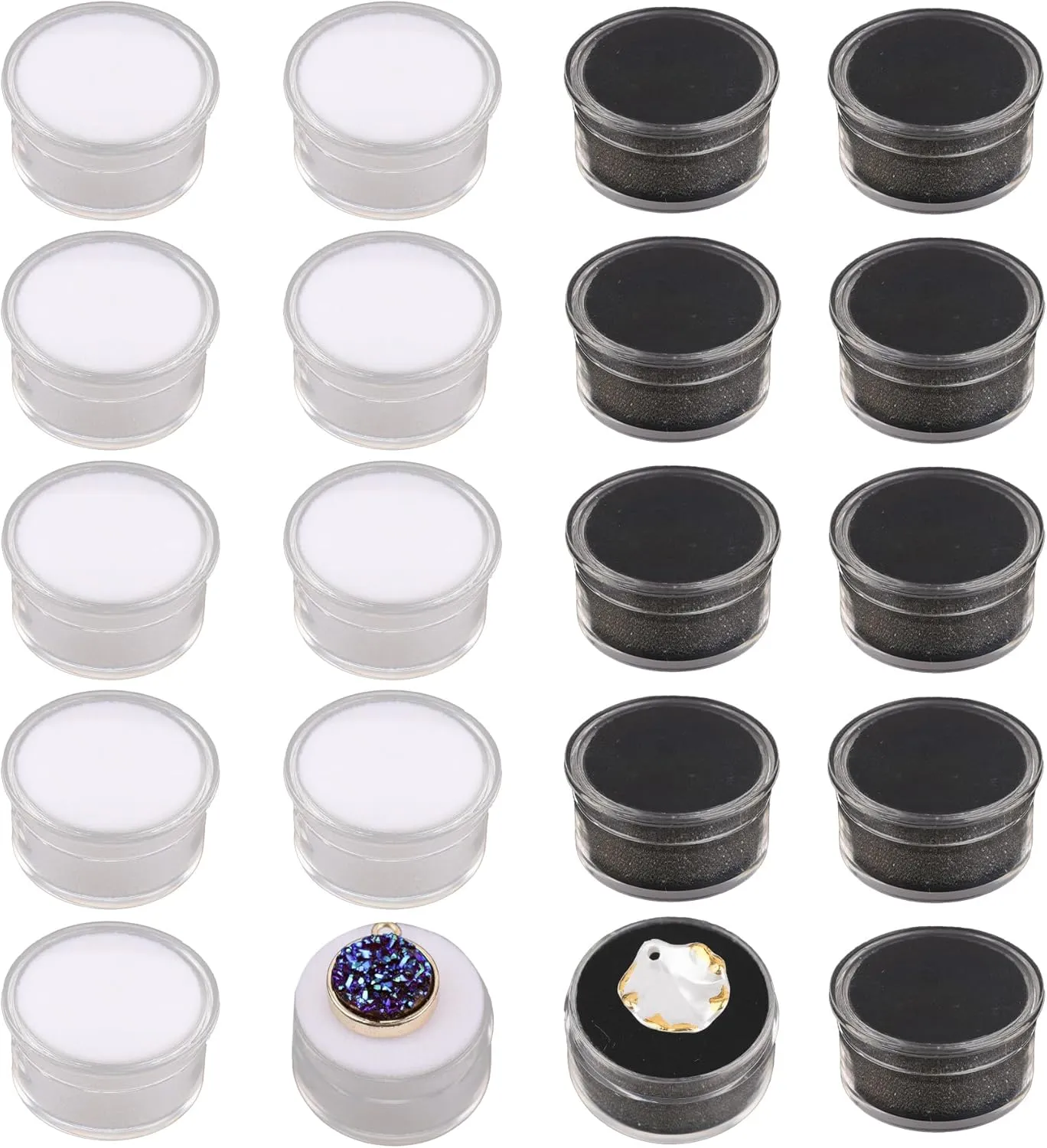 Framendino, 20 Pack Mini Round Stone Jewelry Box Diamond Gemstone Display Case with Lids Sponge Black White