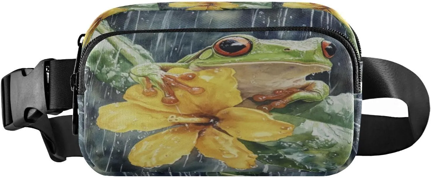 Frog Yellow Flower Gray Fanny Packs for Women Girls Crossbody Bags Everywhere Belt Bag with Adjustable Strap Fashion Waist Pack for Running Travel Daily