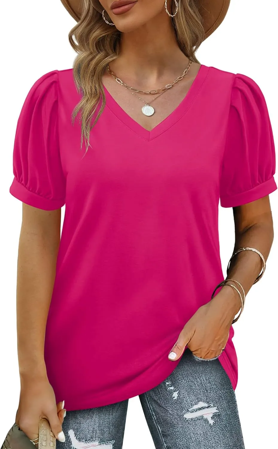 Geifa Womens Summer Tops Puff Short Sleeve V Neck T Shirts Loose Casual Tshirts