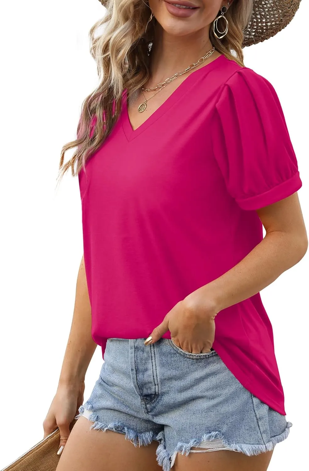 Geifa Womens Summer Tops Puff Short Sleeve V Neck T Shirts Loose Casual Tshirts