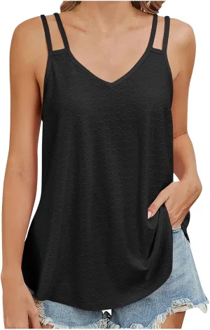 Generic 2024 Flowy Tank Tops for Women Sexy V Neck Sleeveless Spaghetti Strap Camisole Casual Summer Embroidery Eyelet Shirts