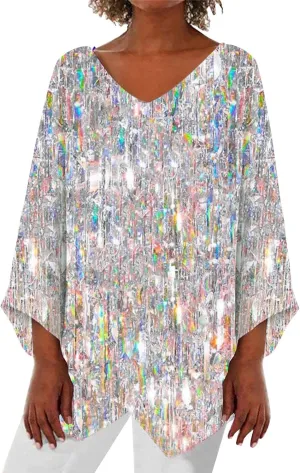 Glitter Tops Shirts for Women Casual Crewneck Summer Fall Glitter Tops Loose Fit Fashion Shiny Dressy Bell Sleeve