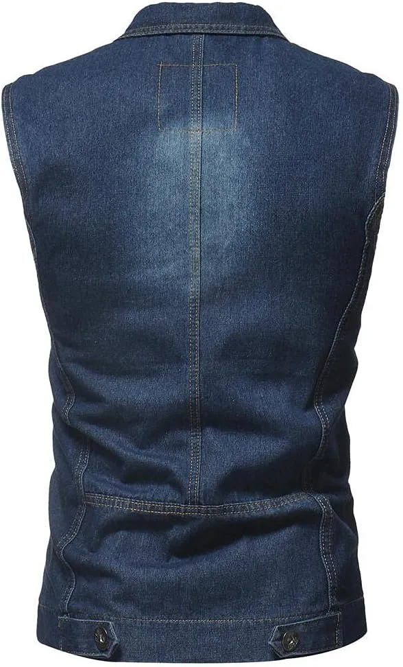 GOKKILRW Mens Casual Button Up Loose Denim Vests Sleeveless Slim Fit Vintage Casual Ripped Jean Waistcoat Motorcycle Jacket