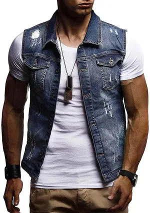GOKKILRW Mens Casual Button Up Loose Denim Vests Sleeveless Slim Fit Vintage Casual Ripped Jean Waistcoat Motorcycle Jacket