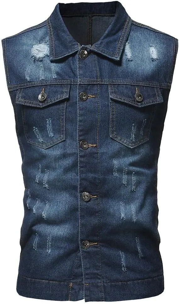 GOKKILRW Mens Casual Button Up Loose Denim Vests Sleeveless Slim Fit Vintage Casual Ripped Jean Waistcoat Motorcycle Jacket