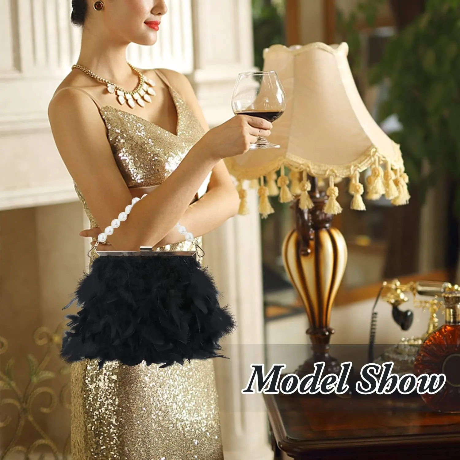 GOKTOW Feather Clutches Purses for Women BagPearl Fluffy Evening Handbags for Wedding Anniversary Party