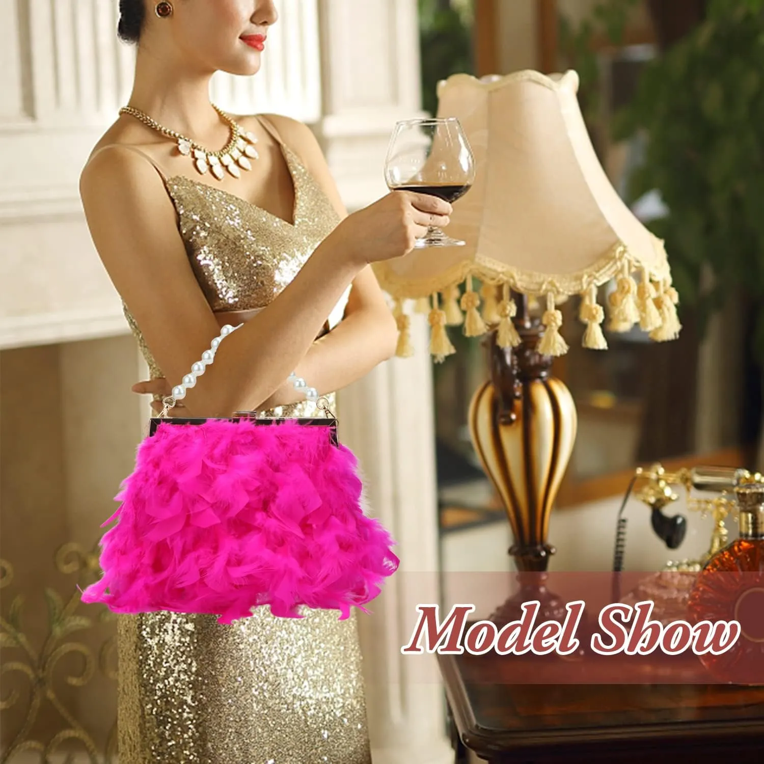 GOKTOW Feather Clutches Purses for Women BagPearl Fluffy Evening Handbags for Wedding Anniversary Party