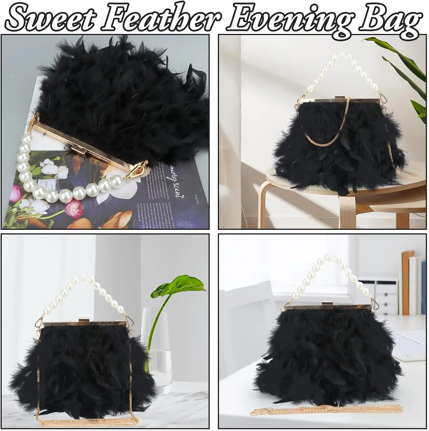 GOKTOW Feather Clutches Purses for Women BagPearl Fluffy Evening Handbags for Wedding Anniversary Party