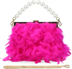 GOKTOW Feather Clutches Purses for Women BagPearl Fluffy Evening Handbags for Wedding Anniversary Party