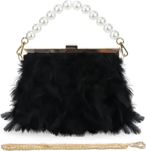 GOKTOW Feather Clutches Purses for Women BagPearl Fluffy Evening Handbags for Wedding Anniversary Party