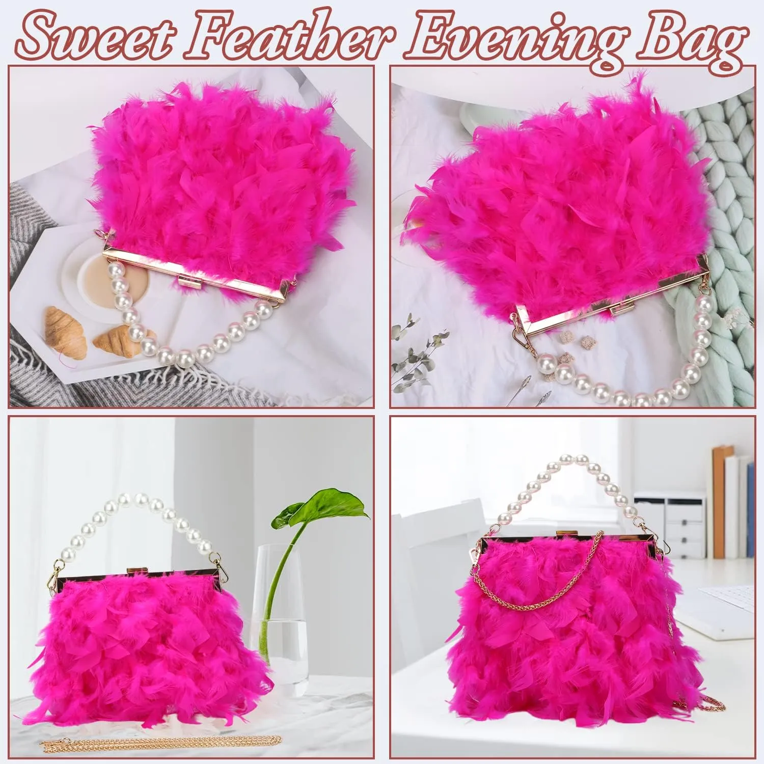 GOKTOW Feather Clutches Purses for Women BagPearl Fluffy Evening Handbags for Wedding Anniversary Party