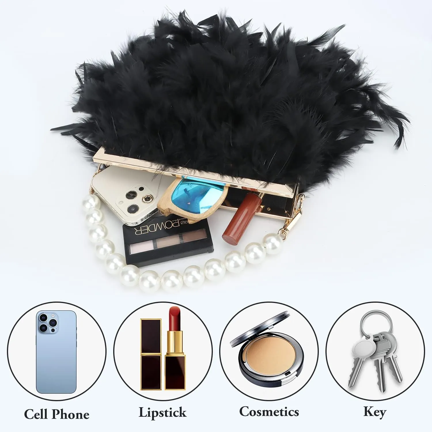 GOKTOW Feather Clutches Purses for Women BagPearl Fluffy Evening Handbags for Wedding Anniversary Party