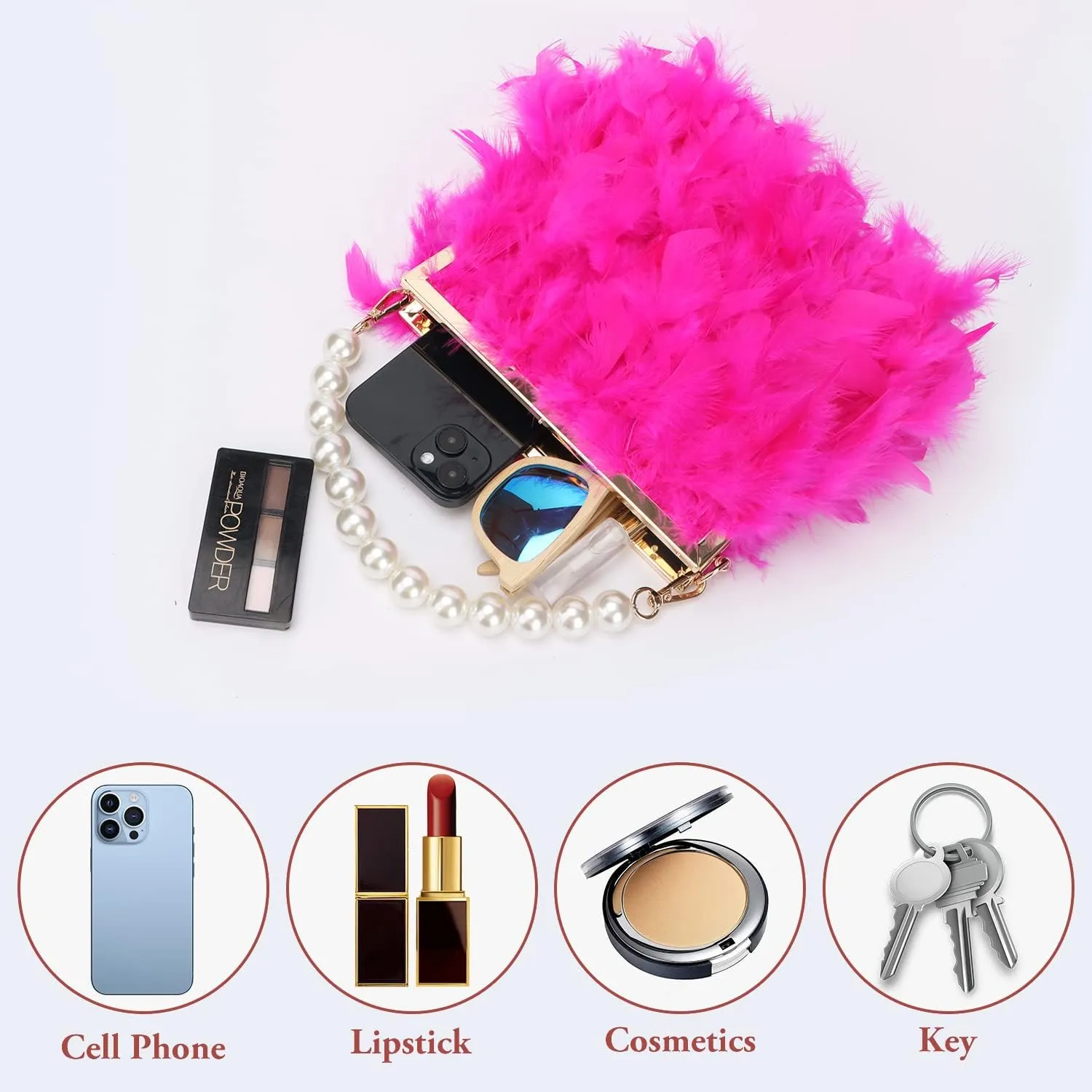 GOKTOW Feather Clutches Purses for Women BagPearl Fluffy Evening Handbags for Wedding Anniversary Party