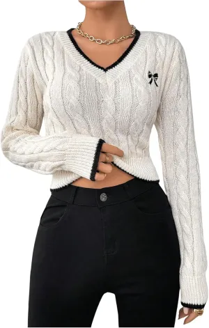 GORGLITTER Women's Bow Lightweight Sweater Tops V Neck Long Sleeve Crop Tops Cable Knit Tops