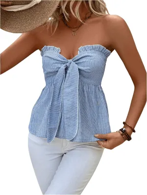 GORGLITTER Women's Bow Strapless Tube Tops Shirt Tie Front Striped Bandeau Peplum Tops Going Out Summer Tops 2025