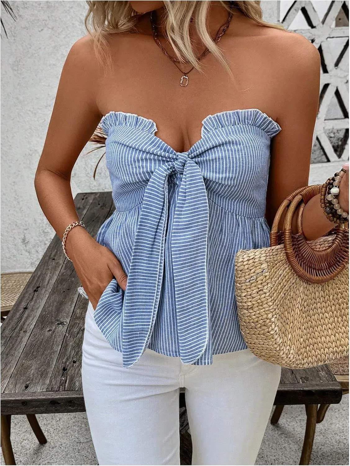 GORGLITTER Women's Bow Strapless Tube Tops Shirt Tie Front Striped Bandeau Peplum Tops Going Out Summer Tops 2025
