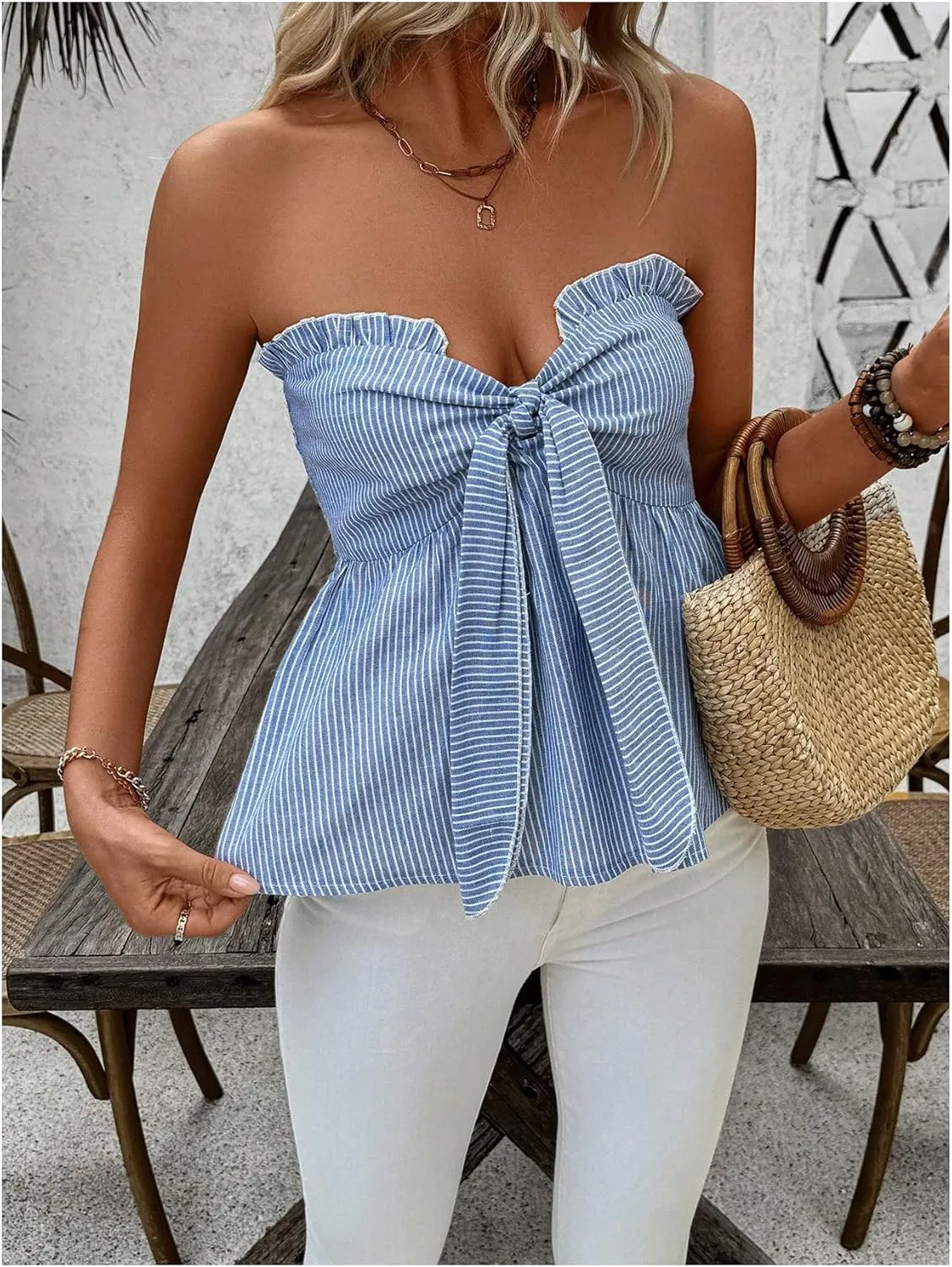 GORGLITTER Women's Bow Strapless Tube Tops Shirt Tie Front Striped Bandeau Peplum Tops Going Out Summer Tops 2025
