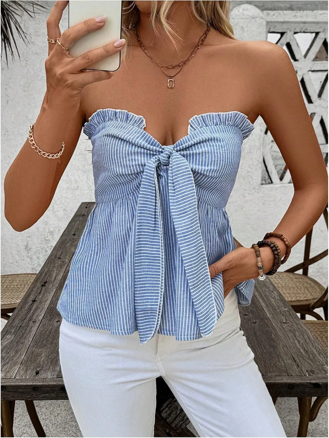 GORGLITTER Women's Bow Strapless Tube Tops Shirt Tie Front Striped Bandeau Peplum Tops Going Out Summer Tops 2025
